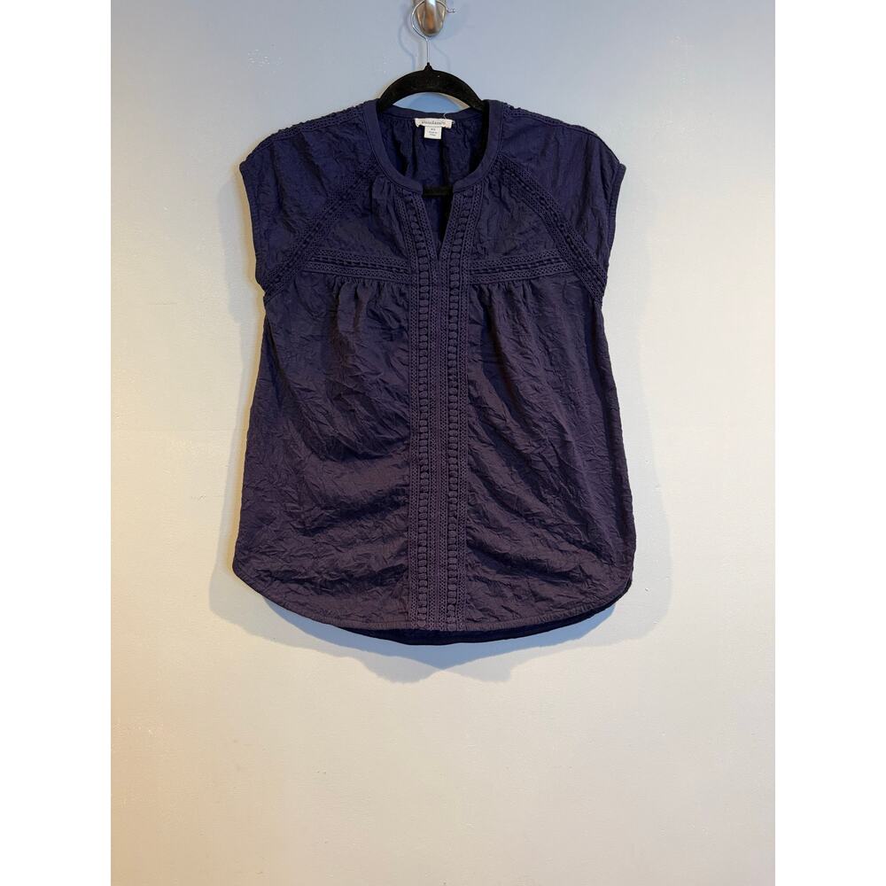 Sundance XS Navy Textured Cap Sleeve Blouse Lace Trim Boho Top